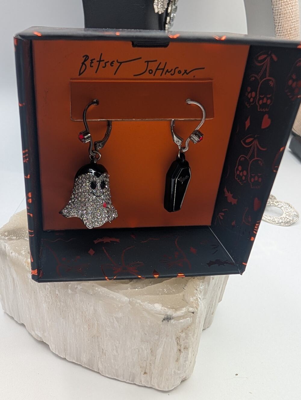 Betsey Johnson Halloween Ghost Coffin Dangle Leverback Earrings Rhinestone New